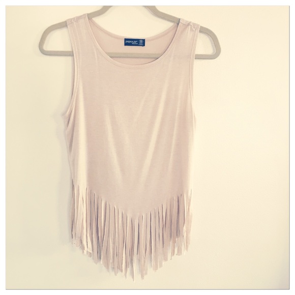 Popular Basics Tops - Popular Basics Tan Tank Fringe Sleeveless Top Tank